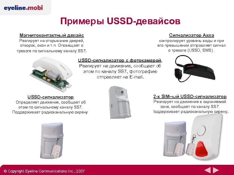 Примеры USSD-девайсов Магнитоконтактный девайс Сигнализатор Аква Реагирует на открывание дверей, створок, окон и т.