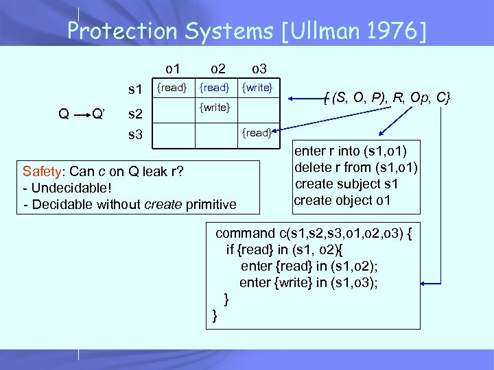 Protection Systems [Ullman 1976] o 1 s 1 Q Q’ s 2 s 3