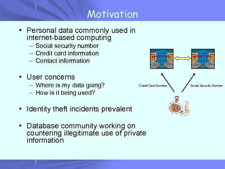 Motivation • Personal data commonly used in internet-based computing – Social security number –