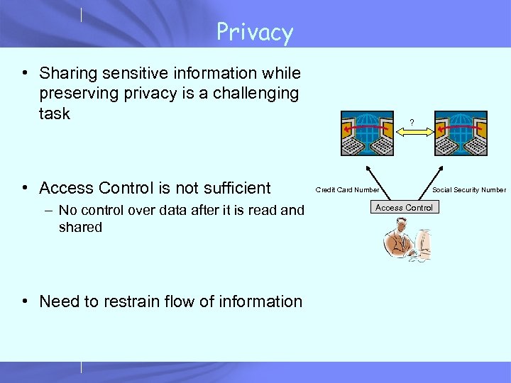 Privacy • Sharing sensitive information while preserving privacy is a challenging task • Access