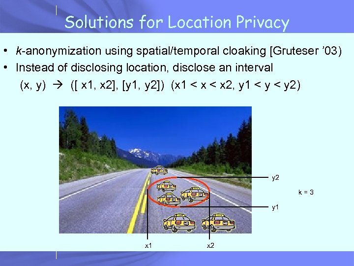 Solutions for Location Privacy • k-anonymization using spatial/temporal cloaking [Gruteser ’ 03) • Instead