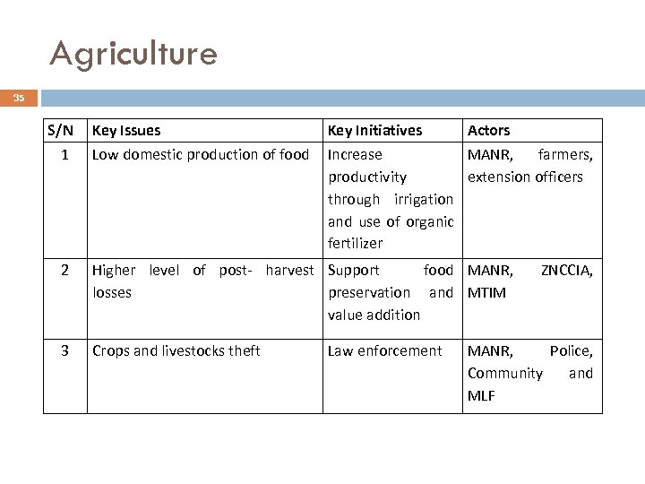 Agriculture 35 S/N 1 Key Issues Low domestic production of food Key Initiatives Actors