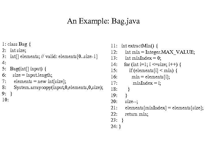 An Example: Bag. java 1: class Bag { 2: int size; 3: int[] elements;