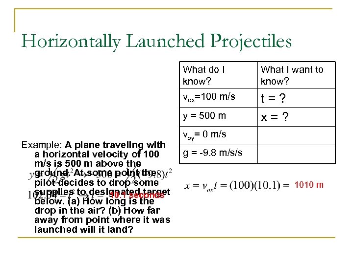 Horizontally Launched Projectiles What do I know? What I want to know? vox=100 m/s