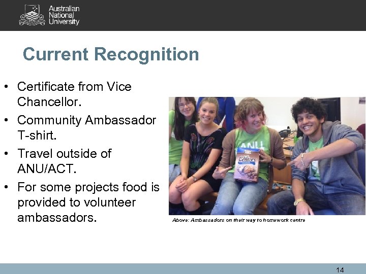 Current Recognition • Certificate from Vice Chancellor. • Community Ambassador T-shirt. • Travel outside