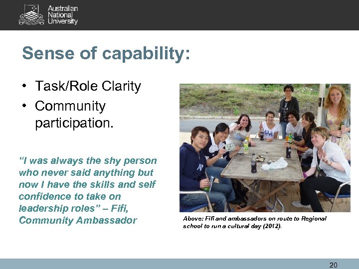 Sense of capability: • Task/Role Clarity • Community participation. “I was always the shy