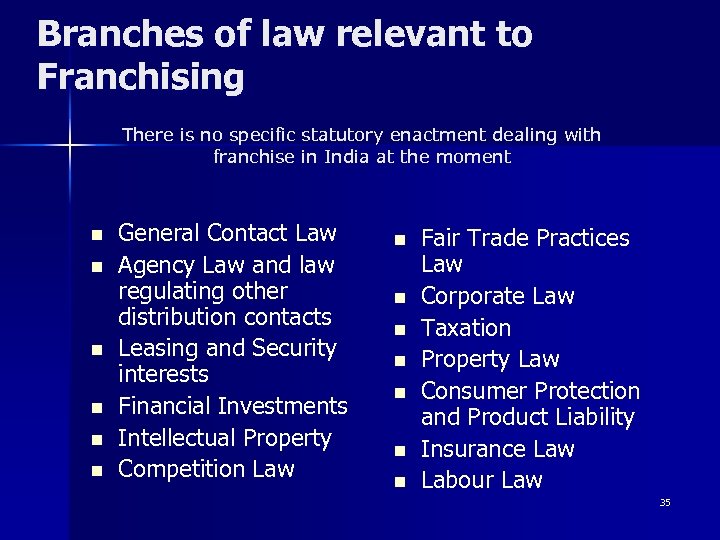 Branches of law relevant to Franchising There is no specific statutory enactment dealing with