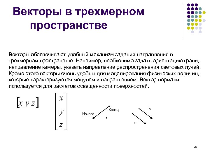 Векторы в трехмерном пространстве Векторы обеспечивают удобный механизм задания направления в трехмерном пространстве. Например,