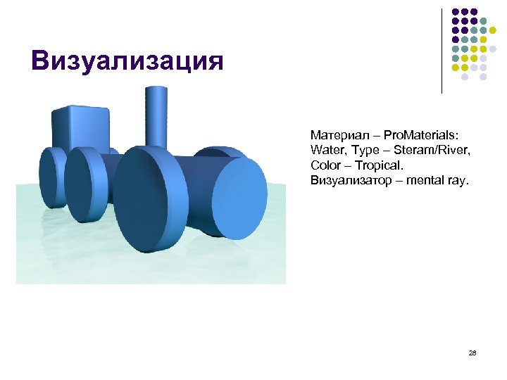 Визуализация Материал – Pro. Materials: Water, Type – Steram/River, Color – Tropical. Визуализатор –