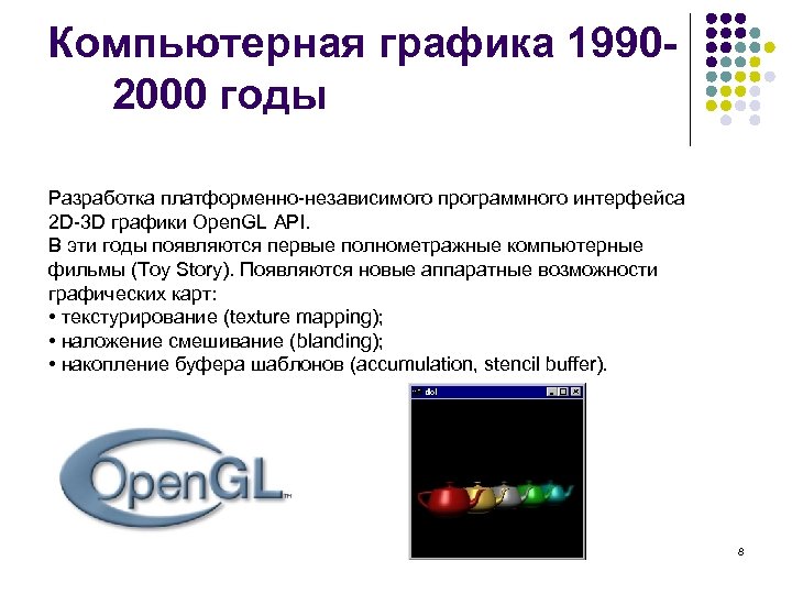 Компьютерная графика 19902000 годы Разработка платформенно-независимого программного интерфейса 2 D-3 D графики Open. GL