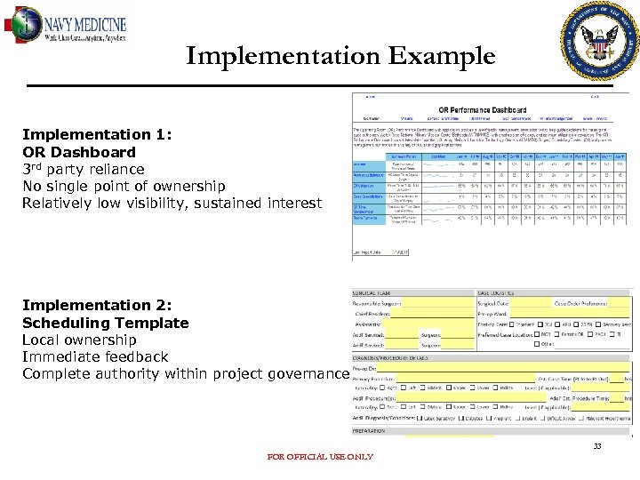 Implementation Example Implementation 1: OR Dashboard 3 rd party reliance No single point of
