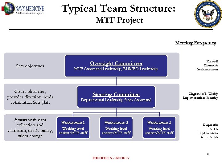 Typical Team Structure: MTF Project Meeting Frequency Sets objectives Clears obstacles, provides direction, leads