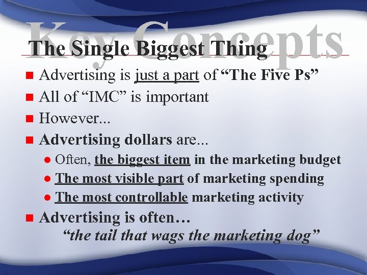 The Single Biggest Thing Key Concepts Advertising is just a part of “The Five