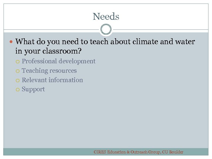 Needs What do you need to teach about climate and water in your classroom?