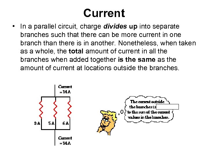 Current • In a parallel circuit, charge divides up into separate branches such that