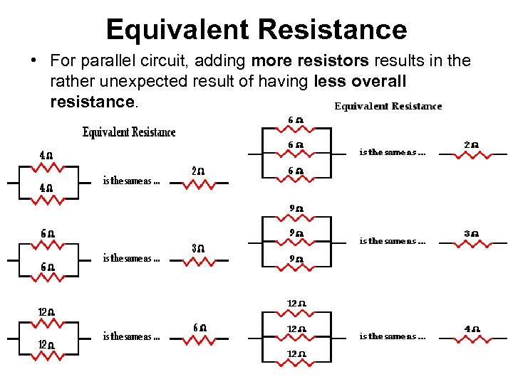 Equivalent Resistance • For parallel circuit, adding more resistors results in the rather unexpected