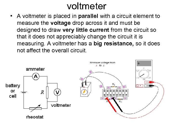voltmeter • A voltmeter is placed in parallel with a circuit element to measure