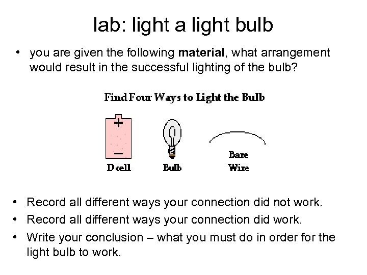 lab: light a light bulb • you are given the following material, what arrangement