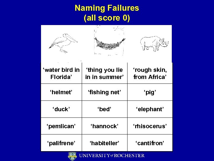 Naming Failures (all score 0) ‘water bird in ‘thing you lie Florida’ in in