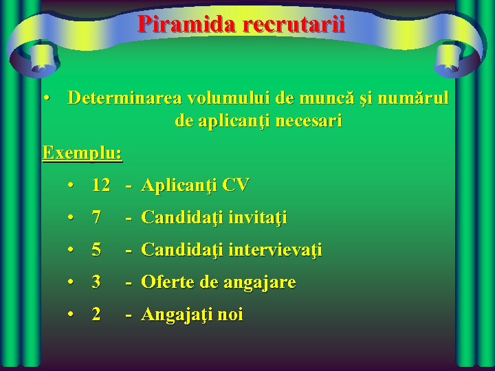 Piramida recrutarii • Determinarea volumului de muncă şi numărul de aplicanţi necesari Exemplu: •