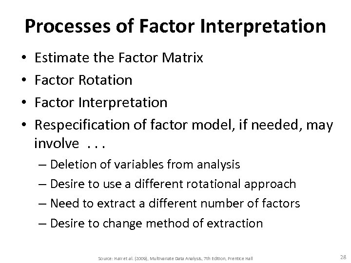 Processes of Factor Interpretation • • Estimate the Factor Matrix Factor Rotation Factor Interpretation