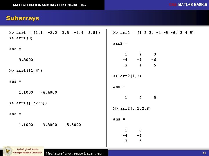 MATLAB PROGRAMMING FOR ENGINEERS CH 2: MATLAB BASICS Subarrays Mechanical Engineering Department 11 