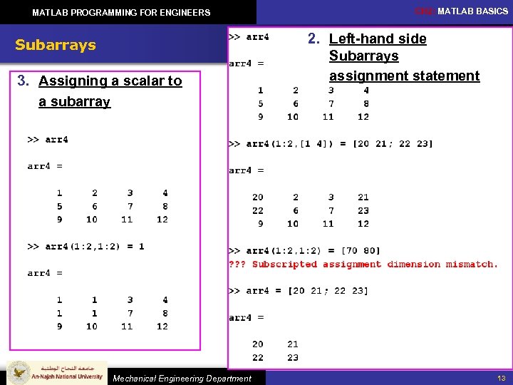 MATLAB PROGRAMMING FOR ENGINEERS Subarrays 3. Assigning a scalar to a subarray Mechanical Engineering