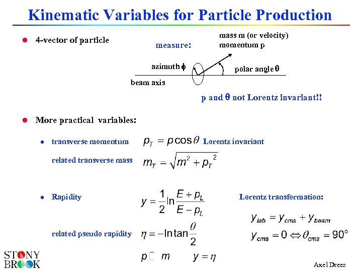 Kinematic Variables for Particle Production l 4 -vector of particle measure: azimuth mass m