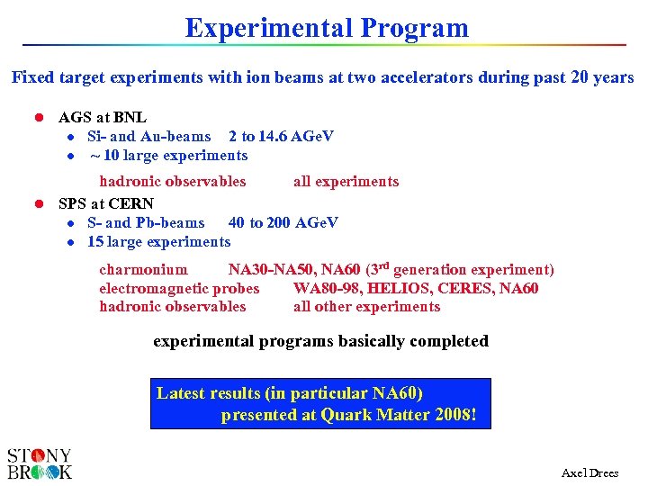 Experimental Program Fixed target experiments with ion beams at two accelerators during past 20