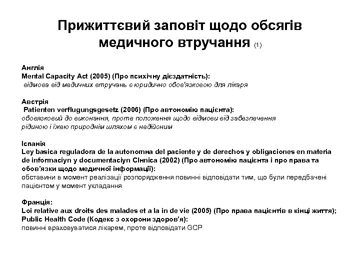 Прижиттєвий заповіт щодо обсягів медичного втручання (1) Англія Mental Capacity Act (2005) (Про психічну