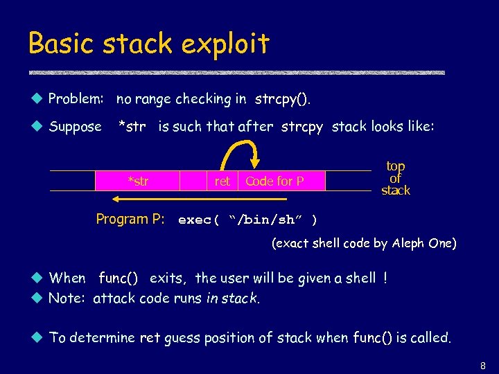 Basic stack exploit u Problem: no range checking in strcpy(). u Suppose *str is