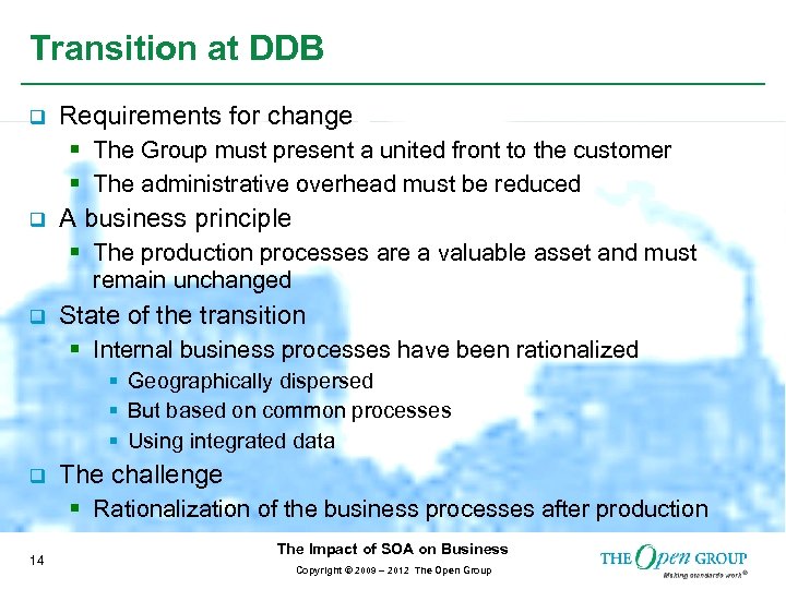 Transition at DDB q Requirements for change § The Group must present a united
