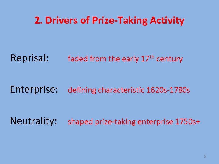 2. Drivers of Prize-Taking Activity Reprisal: faded from the early 17 th century Enterprise:
