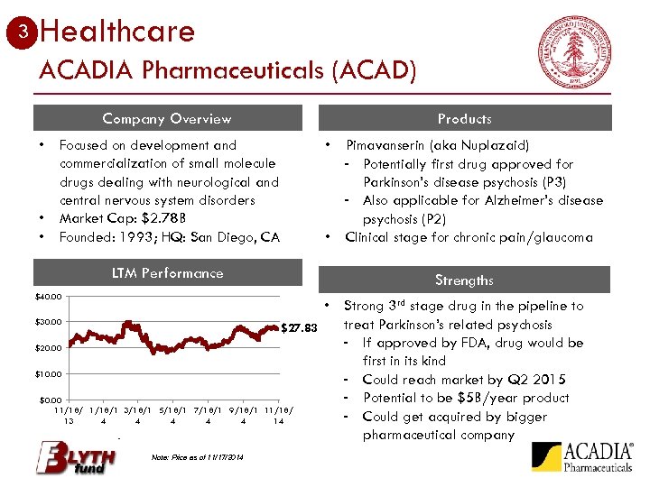 3 Healthcare ACADIA Pharmaceuticals (ACAD) Company Overview Products • Focused on development and commercialization
