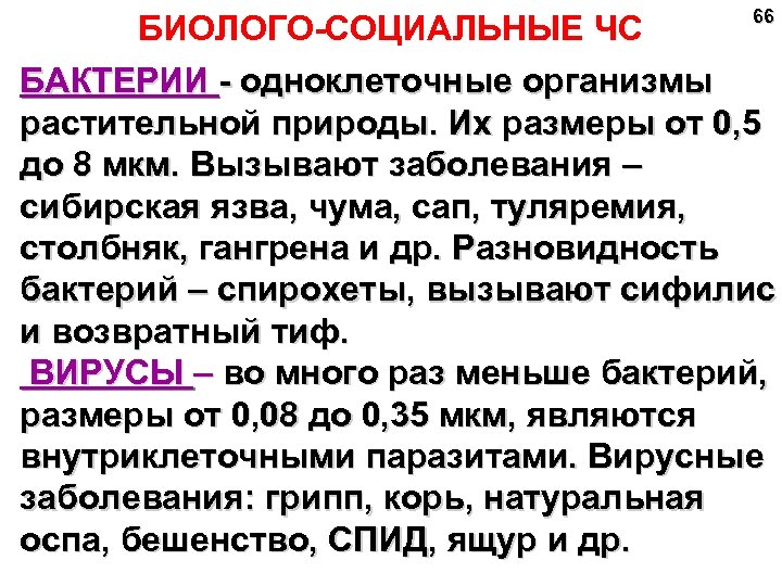 БИОЛОГО-СОЦИАЛЬНЫЕ ЧС 66 БАКТЕРИИ - одноклеточные организмы растительной природы. Их размеры от 0, 5