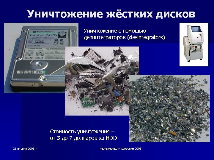 Уничтожение жёстких дисков Уничтожение с помощью дезинтеграторов (desintegrators) Стоимость уничтожения – от 3 до