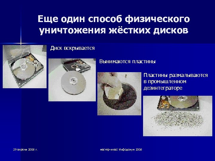 Еще один способ физического уничтожения жёстких дисков Диск вскрывается Вынимаются пластины Пластины размалываются в