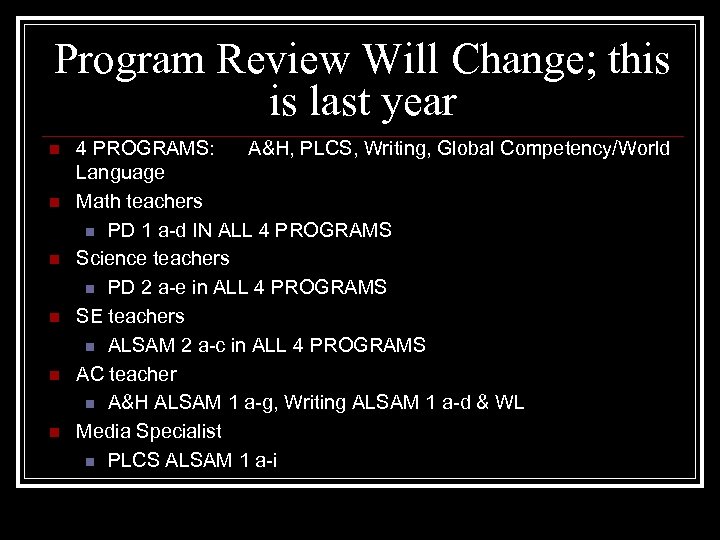 Program Review Will Change; this is last year n n n 4 PROGRAMS: A&H,
