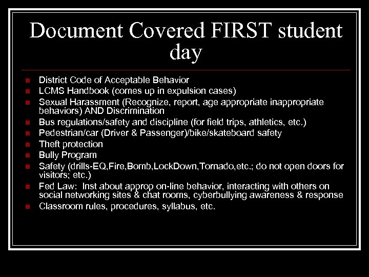 Document Covered FIRST student day n n n n n District Code of Acceptable