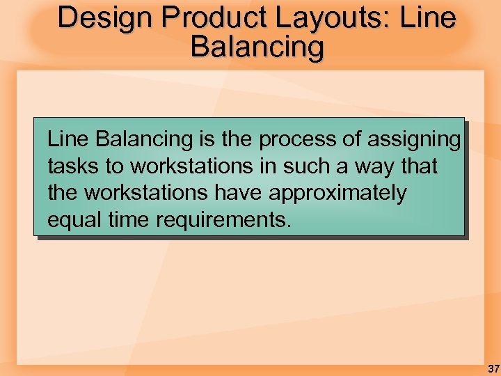 Design Product Layouts: Line Balancing is the process of assigning tasks to workstations in
