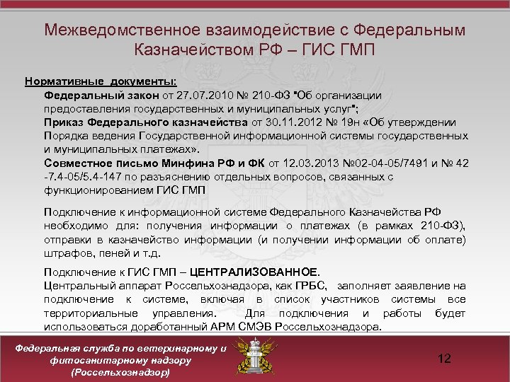 Межведомственное взаимодействие с Федеральным Казначейством РФ – ГИС ГМП Нормативные документы: Федеральный закон от