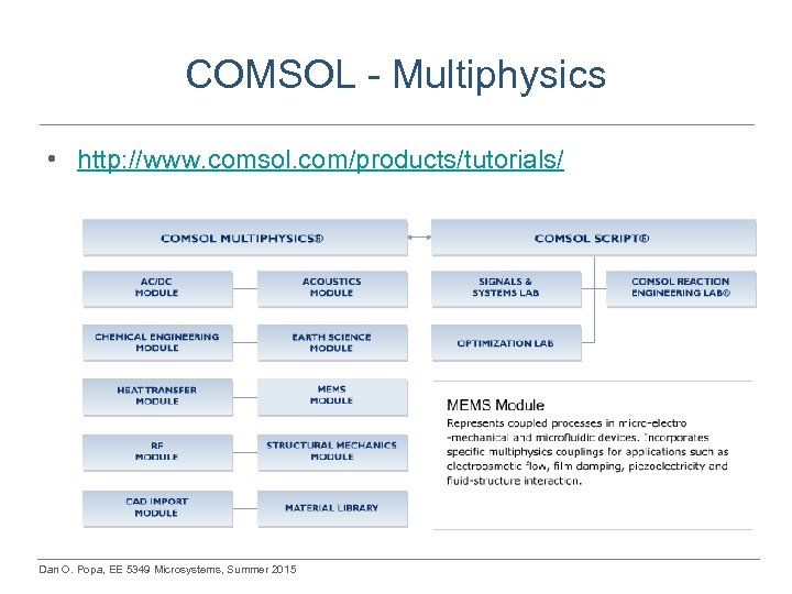 COMSOL - Multiphysics • http: //www. comsol. com/products/tutorials/ Dan O. Popa, EE 5349 Microsystems,