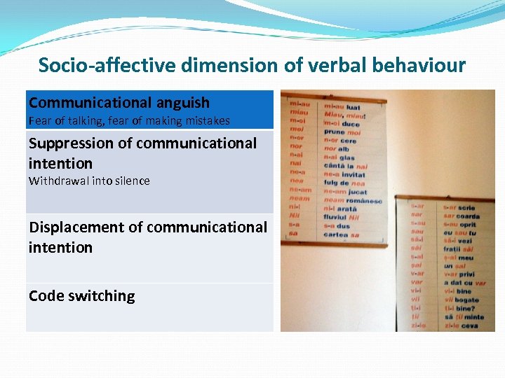 Socio-affective dimension of verbal behaviour Communicational anguish Fear of talking, fear of making mistakes