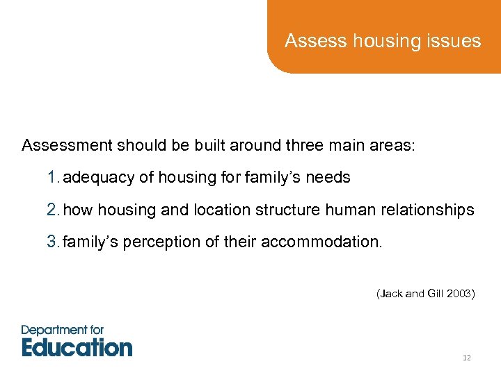 Assess housing issues Assessment should be built around three main areas: 1. adequacy of