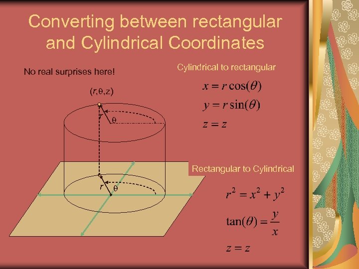 Converting between rectangular and Cylindrical Coordinates No real surprises here! Cylindrical to rectangular (r,