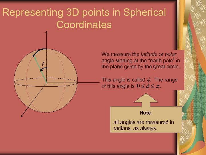 Representing 3 D points in Spherical Coordinates We measure the latitude or polar angle