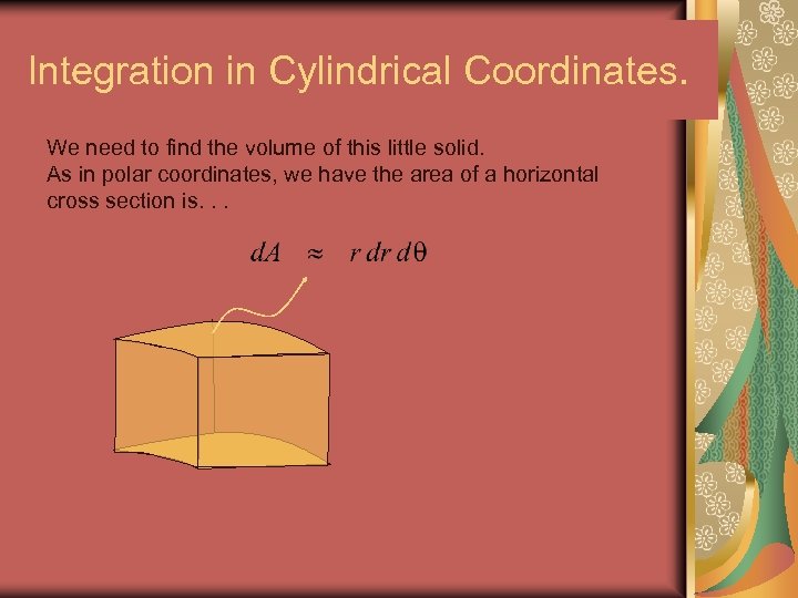 Integration in Cylindrical Coordinates. We need to find the volume of this little solid.