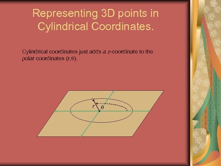 Representing 3 D points in Cylindrical Coordinates. Cylindrical coordinates just adds a z-coordinate to