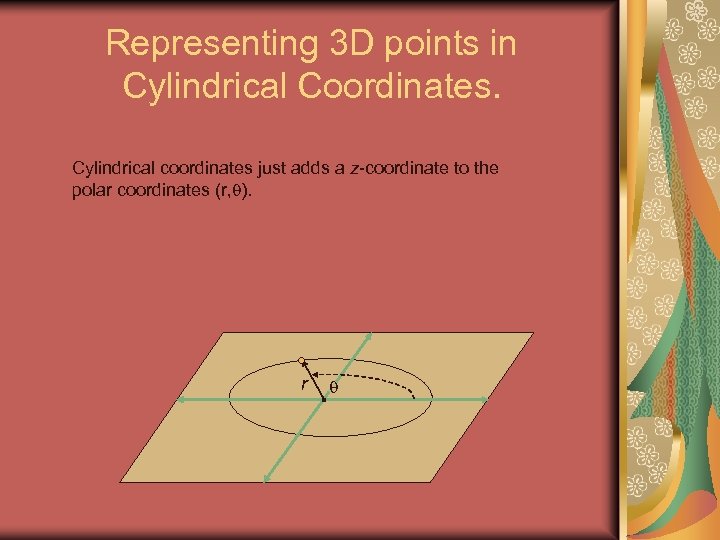 Representing 3 D points in Cylindrical Coordinates. Cylindrical coordinates just adds a z-coordinate to