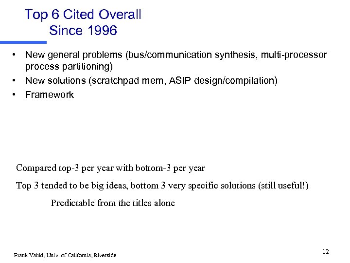 Top 6 Cited Overall Since 1996 • New general problems (bus/communication synthesis, multi-processor process